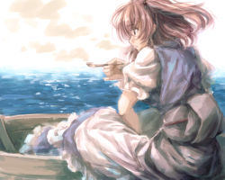Rule 34 | 1girl, boat, hair bobbles, hair ornament, holding, holding smoking pipe, japanese clothes, kitsune maru, ocean, onozuka komachi, pip, smoking pipe, puffy short sleeves, puffy sleeves, red hair, rowboat, short sleeves, short twintails, sitting, smoke, smoking, solo, touhou, twintails, two side up, watercraft