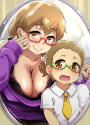 Rule 34 | 1girl, adjusting eyewear, age difference, bare shoulders, blonde hair, blush, boku to mama no ecchi na okaimono date, breasts, cleavage, embarrassed, free style, glasses, green-framed eyewear, hair between eyes, highres, jewelry, large breasts, leaning forward, legs, long hair, long sleeves, looking at mirror, low-tied long hair, mature female, mirror, mother and son, necktie, open mouth, orange eyes, original, pantyhose, pink sweater, red-framed eyewear, reflection, ring, scrunchie, semi-rimless eyewear, shirt under sweater, sleeveless, smile, standing, sweater, thighs, wedding band