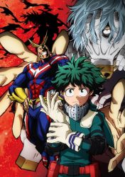 Rule 34 | 10s, 4boys, abs, adjusting clothes, adjusting gloves, age difference, all might, blonde hair, bodysuit, boku no hero academia, cleaned, closed mouth, covered face, determined, facing viewer, freckles, gloves, green eyes, green hair, grin, hands on own hips, key visual, male focus, matching hair/eyes, messy hair, midoriya izuku, multiple boys, muscular, official art, parted lips, pectorals, promotional art, red background, red eyes, serious, shaded face, shadow, shigaraki tomura, short hair, silhouette, simple background, sitting, size difference, smile, stain (boku no hero academia), standing, superhero costume, teacher and student, teeth, yagi toshinori