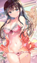 Rule 34 | 1girl, absurdres, black hair, blush, bra, breasts, embarrassed, highres, large breasts, long hair, midriff, navel, ogata tei, open clothes, original, panties, panty pull, solo, standing, sweater, underwear