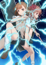Rule 34 | 2girls, anarchojs, armband, back-to-back, biribiri, black skirt, bow, brown eyes, brown footwear, brown hair, closed mouth, coin, commentary request, electricity, electrokinesis, energy, fantasy, glowing, green armband, hair bow, hair ornament, highres, holding, holding coin, holding hands, judgment (toaru), long hair, looking at viewer, misaka mikoto, multiple girls, pleated skirt, psychic, red bow, school uniform, science fiction, shirai kuroko, shoes, short hair, short sleeves, shorts, shorts under skirt, skirt, smile, sweater vest, thigh strap, toaru kagaku no railgun, toaru majutsu no index, tokiwadai school uniform, weapon, white shorts, yuri