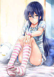 Rule 34 | 10s, 1girl, 3:, absurdres, bed, black hair, blush, bow, collarbone, feet, feet together, hand on own knee, highres, kneehighs, long hair, long legs, looking at viewer, love live!, love live! school idol festival, love live! school idol project, minami kotori (bird), nail polish, napo8593, no shoes, on bed, pajamas, pillow, short shorts, shorts, sitting, socks, solo, sonoda umi, striped clothes, striped socks, toe scrunch, toes, yellow eyes