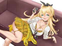 Rule 34 | 1girl, aishendejian, black choker, blonde hair, bracelet, breasts, cellphone, choker, cleavage, clothes around waist, day, fang, game screenshot inset, goddess of victory: nikke, green eyes, hair intakes, heart, highres, holding, holding phone, jacket, jacket around waist, jewelry, large breasts, long hair, long sleeves, looking at viewer, phone, rupee (nikke), sitting