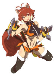Rule 34 | 1girl, :d, animal ears, antenna hair, arc system works, bad id, bad pixiv id, bare shoulders, blazblue, blazblue: continuum shift, blush, body blush, breasts, brown eyes, brown hair, cropped legs, dual wielding, fingerless gloves, gloves, gradient hair, highres, holding, large breasts, makoto nanaya, multicolored hair, navel, open mouth, orange skirt, revealing clothes, short hair, skirt, smile, solo, squirrel ears, squirrel tail, tail, thighhighs, tonfa, two-tone hair, uk, underboob, weapon