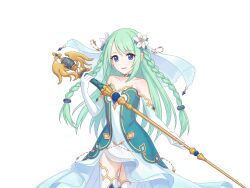 Rule 34 | 1girl, blue eyes, braid, chika (princess connect!), dress, gloves, green hair, long hair, looking ahead, official art, princess connect!, scepter, tachi-e, thighhighs, transparent background, twin braids, veil, white gloves, white thighhighs
