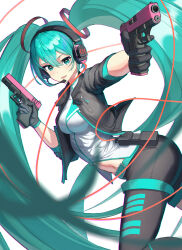 Rule 34 | 1girl, :d, absurdres, aqua hair, black pants, breasts, commentary, dual wielding, english commentary, floating hair, from side, glock, green eyes, grey jacket, gun, hair between eyes, handgun, hatsune miku, headset, highres, holding, holding gun, holding weapon, jacket, long hair, looking at viewer, medium breasts, microphone, midriff, navel, nushibautiful, open clothes, open jacket, open mouth, pants, shirt, short sleeves, smile, solo, stomach, twintails, very long hair, vocaloid, weapon, white background, white shirt