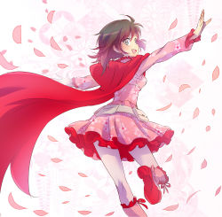 Rule 34 | 1girl, boots, cape, cherry blossoms, commentary request, cross-laced footwear, dress, floral background, floral print, highres, iesupa, knee boots, lace-up boots, looking back, pantyhose, petals, pink dress, pink footwear, ruby rose, rwby, smile