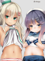 Rule 34 | 2girls, akino shuu, blonde hair, blue eyes, blue neckerchief, blue skirt, blush, bow, closed mouth, clothes lift, commentary request, dress, dress lift, gloves, gradient hair, grecale (kancolle), grey background, hair bow, hair ornament, hairclip, hat, kantai collection, lifting own clothes, long hair, looking at viewer, multicolored hair, multiple girls, navel, neckerchief, orange hair, panties, pleated skirt, puffy short sleeves, puffy sleeves, purple eyes, purple hair, ribbon, sailor dress, sailor hat, school uniform, serafuku, shirt lift, short hair, short sleeves, sidelocks, simple background, skirt, sleeveless, sleeveless dress, smile, stomach, striped clothes, striped panties, tan, tsushima (kancolle), underwear, wavy hair, white dress, white gloves, white headwear, white ribbon