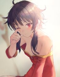 Rule 34 | 1girl, absurdres, ahoge, bare shoulders, black hair, blush, breasts, dress, hair between eyes, hand up, head tilt, highres, kono subarashii sekai ni shukufuku wo!, long hair, long sleeves, looking at viewer, megumin, messy hair, no headwear, off-shoulder dress, off shoulder, one eye closed, open mouth, otsukemono, red dress, red eyes, revision, short hair, short hair with long locks, sidelocks, small breasts, solo, tears, thighhighs, upper body, white thighhighs, wiping tears
