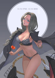 Rule 34 | 1girl, absurdres, anchor, bikini, blue eyes, braid, braided ponytail, chain, cowboy shot, flower, highres, holding, holding flower, jacket, jacket on shoulders, kantai collection, legs, looking at viewer, pacific (kancolle), panther (pacific), parted lips, plait, poppy (flower), rigging, signature, sima naoteng, single braid, swimsuit