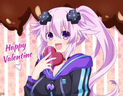 Rule 34 | 1girl, adult neptune, black hoodie, box, breasts, choker, cleavage, commentary, d-pad, d-pad hair ornament, english commentary, gift, gift box, hair between eyes, hair ornament, heart-shaped box, highres, holding, holding gift, hood, hoodie, lewdkuma, long hair, looking at viewer, neptune (series), open mouth, purple eyes, purple hair, side ponytail, sidelocks, signature, solo, valentine