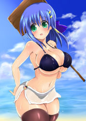 Rule 34 | 1girl, beach, bikini, blue hair, breasts, cleavage, curvy, day, green eyes, hand on own ass, huge breasts, long hair, miketto, original, placard, see-through, sign, skirt, solo, sweat, swimsuit, thighhighs