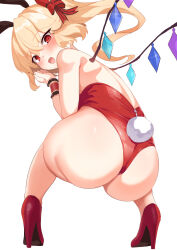 Rule 34 | 1girl, alternate costume, amano hagoromo, animal ears, ass, bare legs, blonde hair, blush, crystal wings, fake animal ears, fake tail, flandre scarlet, high heels, highres, leotard, looking at viewer, looking back, playboy bunny, rabbit ears, rabbit tail, red eyes, red footwear, red leotard, side ponytail, simple background, smile, solo, squatting, strapless, strapless leotard, tail, touhou, white background