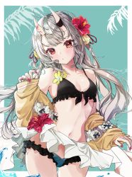 Rule 34 | 1girl, :o, bell, bikini, black bikini, breasts, brown jacket, commentary request, cowboy shot, flower, frilled bikini, frills, front-tie bikini top, front-tie top, gluteal fold, grey hair, hair bell, hair flower, hair ornament, highres, hololive, horns, jacket, jingle bell, long hair, long sleeves, looking at viewer, low twintails, nail polish, nakiri ayame, navel, off shoulder, oni, open clothes, open jacket, parted lips, puffy long sleeves, puffy sleeves, red eyes, red flower, red nails, skin-covered horns, sleeves past wrists, small breasts, solo, swimsuit, teracha1, twintails, very long hair, virtual youtuber