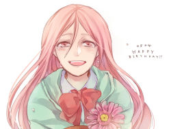 Rule 34 | 1girl, flower, happy birthday, kokoen, kuroko no basuke, long hair, momoi satsuki, pink hair, school uniform, smile, tears