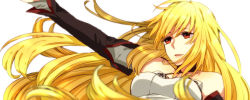 Rule 34 | 1girl, 75, arm up, bad id, bad pixiv id, blonde hair, long hair, milla (fractured), red eyes, smile, solo, tales of (series), tales of xillia, tales of xillia 2, white background