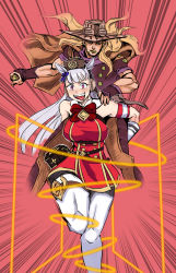 Rule 34 | 1boy, 1girl, animal ears, blonde hair, blunt bangs, bow, bowtie, brown headwear, carrying, commentary request, crossover, dress, ear covers, gold ship (umamusume), grey hair, gyro zeppeli, hat, highres, horse ears, horse girl, jojo no kimyou na bouken, long hair, open mouth, pantyhose, piggyback, pillbox hat, purple eyes, red bow, red dress, red neckwear, riding, running, sd1988122, short dress, sleeveless, sleeveless dress, steel ball (jojo), steel ball run, thigh strap, tongue, umamusume, white pantyhose