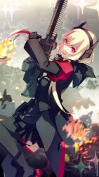 Rule 34 | 1girl, armband, assault rifle, black jacket, black skirt, blonde hair, commentary request, explosion, fang, from side, girls&#039; frontline, gun, headset, highres, holding, holding gun, holding weapon, jacket, long hair, long sleeves, m4 sopmod ii, m4 sopmod ii (girls&#039; frontline), mineta naoki, multicolored hair, open mouth, pleated skirt, red armband, red eyes, red hair, rifle, skirt, smile, solo, streaked hair, twitter username, two-tone hair, weapon
