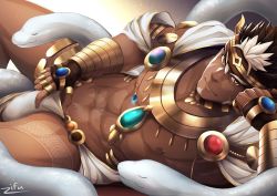 Rule 34 | 1boy, abs, arm tattoo, bara, beard, brown hair, bulge, dark-skinned male, dark skin, facial hair, headband, highres, jewelry, large pectorals, long sideburns, looking at viewer, male focus, muscular, navel, necklace, nipples, pectorals, pointy ears, revealing clothes, sideburns, solo, spiked hair, stomach tattoo, tangaroa (housamo), tattoo, tokyo houkago summoners, white hair, yellow eyes, zifu