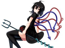 Rule 34 | 1girl, ass, asymmetrical legwear, back cutout, black dress, black hair, black thighhighs, blush, clothing cutout, dress, from side, hair between eyes, highres, holding, holding polearm, holding weapon, houjuu nue, looking at viewer, looking back, medium hair, polearm, red eyes, skindentation, smile, snake, solo, thighhighs, thighs, touhou, trident, uneven legwear, weapon, wuwusan