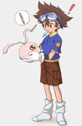Rule 34 | !, 1boy, blue shirt, brown eyes, brown hair, brown shorts, digimon, digimon (creature), digimon adventure, feng (feng efu), full body, gloves, goggles, goggles on head, hair between eyes, highres, holding digimon, koromon, looking at another, no shoes, shirt, short sleeves, shorts, socks, standing, white gloves, white socks, yagami taichi