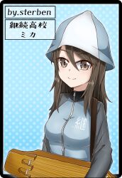 Rule 34 | 1girl, artist name, black border, blue background, blue hat, blue jacket, border, brown eyes, brown hair, character name, closed mouth, girls und panzer, hat, highres, holding, holding instrument, instrument, jacket, kantele, keizoku military uniform, long hair, long sleeves, looking at viewer, mika (girls und panzer), military, military uniform, polka dot, polka dot background, raglan sleeves, rounded corners, smile, solo, sterben (sterben dead), track jacket, translated, tulip hat, uniform