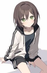 Rule 34 | between legs, black shirt, black shorts, blush, brown hair, closed mouth, drawstring, feet out of frame, green eyes, hair between eyes, hand between legs, hijiri (resetter), hood, hood down, hooded jacket, jacket, long sleeves, looking at viewer, open clothes, open jacket, original, puffy long sleeves, puffy sleeves, shirt, shorts, sitting, sleeves past wrists, solo, sweat, white background, white shirt