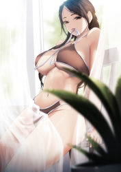 Rule 34 | bikini, black hair, blueorca, blurry, blurry foreground, breasts, brown eyes, commentary, curtains, day, depth of field, highres, indoors, large breasts, long hair, looking at viewer, mole, mole on stomach, mole under eye, mouth hold, navel, original, sitting, stomach, swimsuit, untied bikini, window