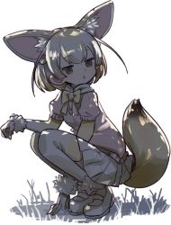 Rule 34 | 10s, :o, animal ears, between legs, blonde hair, brown eyes, clenched hand, dappled sunlight, day, extra ears, eyelashes, fennec (kemono friends), fox ears, fox tail, full body, fur trim, gloves, gradient hair, gradient legwear, grass, grey hair, hand between legs, hand up, highres, jitome, kemono friends, loafers, looking at viewer, multicolored clothes, multicolored hair, multicolored legwear, neck ribbon, open mouth, outdoors, paw pose, pink sweater, pleated skirt, puffy short sleeves, puffy sleeves, raised eyebrows, ribbon, ritsu (roboroboro), shoes, short-sleeved sweater, short hair, short sleeves, skirt, solo, squatting, sunlight, sweater, tail, thighhighs, two-tone legwear, white background, white footwear, white hair, white skirt, white thighhighs, yellow gloves, yellow ribbon, yellow thighhighs, zettai ryouiki