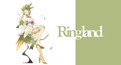 Rule 34 | 1girl, alios arvin, arm support, boots, breasts, cleavage, commentary, copyright name, dress, english commentary, facing viewer, full body, green background, green hair, hand on own leg, highres, juliet sleeves, knee up, large breasts, long hair, long sleeves, nail polish, orange nails, original, petals, plunging neckline, puffy sleeves, simple background, sitting, smile, solo, thigh boots, thighhighs, white background, white blindfold, white dress, white thighhighs