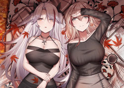Rule 34 | 2girls, alternate costume, autumn, autumn leaves, azur lane, bad id, bad pixiv id, bare arms, bare shoulders, black dress, black ribbon, black skirt, black sweater, blanket, blonde hair, breasts, cleavage, closed mouth, coffee, coffee mug, collarbone, commentary, contemporary, cross, cross necklace, cup, dress, eyes visible through hair, from above, grey eyes, grey skirt, hair between eyes, hair over one eye, hair ribbon, hand to forehead, highres, jewelry, large breasts, long hair, long sleeves, looking at viewer, lying, md5 mismatch, medium hair, mug, multicolored hair, multiple girls, necklace, on back, open mouth, outdoors, prinz eugen (azur lane), resolution mismatch, revision, ribbed sweater, ribbon, roon (azur lane), sidelocks, silver hair, siu (siu0207), skirt, smile, streaked hair, sweater, two side up, yellow eyes
