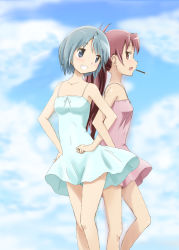 Rule 34 | 2girls, :d, bare arms, bare legs, bare shoulders, blue dress, blue eyes, blue hair, blush, breasts, cloud, cloudy sky, collarbone, commentary request, covered navel, day, dress, feet out of frame, food, grin, hand on own hip, highres, jewelry, kinfuji, legs, locked arms, long hair, looking away, looking to the side, mahou shoujo madoka magica, mahou shoujo madoka magica (anime), miki sayaka, multiple girls, open mouth, outdoors, pink dress, pocky, ponytail, purple eyes, purple hair, ring, sakura kyoko, short hair, sideways mouth, sky, sleeveless, sleeveless dress, small breasts, smile, spaghetti strap, standing, sundress, teeth, thighs