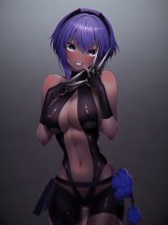 Rule 34 | 1girl, absurdres, between fingers, black gloves, black hairband, blue flower, blush, breasts, center opening, cleavage, commentary request, cowboy shot, dark-skinned female, dark skin, elbow gloves, fate/grand order, fate (series), female focus, finger to mouth, fingerless gloves, flower, gloves, gradient background, grey background, hairband, hassan of serenity (fate), highres, holding, holding weapon, huge filesize, knife, looking at viewer, medium breasts, momihige, nail polish, navel, pink nails, purple eyes, purple hair, revealing clothes, short hair, solo, stomach, thigh strap, throwing knife, weapon