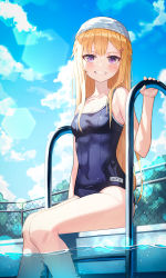 Rule 34 | 1girl, :d, absurdres, blonde hair, blue one-piece swimsuit, blue sky, blurry, braid, bush, chain-link fence, cloud, cloudy sky, commentary request, depth of field, eyes visible through hair, fence, grin, hair between eyes, hair ornament, hairclip, highleg, highleg swimsuit, highres, in water, knees together feet apart, long hair, name tag, one-piece swimsuit, open mouth, original, pool, poolside, purple eyes, school swimsuit, sidelocks, single braid, sky, smile, solo, swim cap, swimsuit, thighs, translation request, yeolyeo