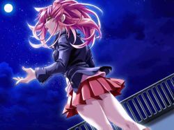 Rule 34 | 1girl, dutch angle, closed eyes, game cg, glowing, jacket, moon, music, night, pink hair, rooftop, s.n.o.w, singing, skirt, sky, solo