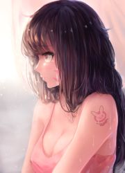 Rule 34 | 1girl, absurdres, arm tattoo, bare shoulders, breasts, brown eyes, brown hair, character name, cleavage, closed mouth, collarbone, covered erect nipples, curtains, d.va (overwatch), eyebrows, eyelashes, facepaint, facial mark, from side, has bad revision, highres, kisei2, large breasts, lips, lipstick, long hair, makeup, md5 mismatch, overwatch, overwatch 1, pink lips, pink shirt, profile, rabbit tattoo, resolution mismatch, shirt, sleeveless, sleeveless shirt, solo, source smaller, tattoo, upper body, whisker markings