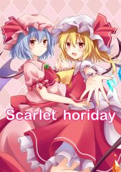 Rule 34 | 2girls, argyle, argyle background, argyle clothes, ascot, back bow, bat wings, blonde hair, blue hair, bow, breasts, brooch, collared shirt, comiket 86, crystal, english text, engrish text, fang, feet out of frame, flandre scarlet, frilled shirt collar, frilled skirt, frilled sleeves, frills, green brooch, hair between eyes, hat, hat ribbon, holding hands, jewelry, kure~pu, looking at viewer, medium hair, mob cap, multicolored wings, multiple girls, open mouth, outstretched hand, pink headwear, pink shirt, pink skirt, puffy short sleeves, puffy sleeves, ranguage, red ascot, red bow, red eyes, red ribbon, red skirt, red vest, remilia scarlet, ribbon, shirt, short hair, short sleeves, siblings, simple background, sisters, skin fang, skirt, skirt set, sleeve ribbon, small breasts, touhou, vest, white bow, white headwear, white shirt, wings, yellow ascot