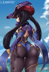 Rule 34 | 1girl, ass, ass grab, black hair, breasts, cape, deep skin, from behind, genshin impact, gloves, green eyes, hair ornament, hat, highres, huge ass, leonart, leotard, long hair, looking at viewer, looking back, medium breasts, mona (genshin impact), pantyhose, shiny clothes, sideboob, smile, solo, thighlet, twintails, very long hair
