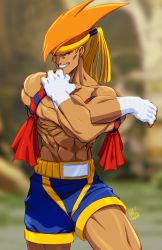 Rule 34 | 1boy, abs, adon (street fighter), artist name, blue eyes, blue shorts, blurry, blurry background, cheekbones, commission, grin, hairband, hand wraps, highres, male focus, muscular, muscular male, orange hair, outdoors, shorts, smile, solo, street fighter, stretching, tan, topless male, tovio rogers