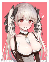 Rule 34 | 1girl, azur lane, bare shoulders, black bow, black dress, blush, border, bow, breasts, chinese commentary, cleavage, collarbone, commentary request, dated, dress, formidable (azur lane), frills, hair bow, heart, highres, large breasts, long hair, long sleeves, looking at viewer, outside border, parted lips, partial commentary, red background, red eyes, silver hair, simple background, solo, twintails, upper body, white border, yolandabaka
