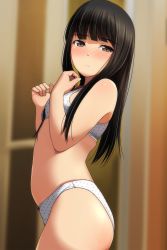 Rule 34 | 1girl, absurdres, bare arms, bare shoulders, black hair, blurry, blurry background, blush, bra, breasts, brown eyes, closed mouth, depth of field, from side, half-closed eyes, hands up, highres, long hair, looking at viewer, looking to the side, matsunaga kouyou, nose blush, original, panties, polka dot, polka dot bra, polka dot panties, small breasts, solo, underwear, underwear only, very long hair, white bra, white panties