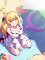 Rule 34 | 1girl, animal ears, arknights, bare shoulders, bikini, blonde hair, breasts, cat ears, cleavage, commentary request, detached sleeves, from above, heart, highres, innertube, kneeling, ling huanxiang, looking at viewer, medium breasts, official alternate costume, sand, shoes, smile, solo, sora (arknights), sora (summer flowers) (arknights), swim ring, swimsuit, twintails, white bikini, yellow eyes