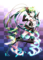 Rule 34 | 1girl, :q, absurdres, boots, breasts, caffein, checkered background, detached sleeves, female focus, full body, gradient background, green eyes, green hair, hatsune miku, headset, high heels, highres, long hair, matching hair/eyes, microphone, microphone stand, necktie, shoes, skirt, solo, thigh boots, thighhighs, tongue, tongue out, twintails, very long hair, vocaloid