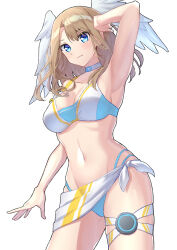 Rule 34 | 1girl, blue eyes, breast tattoo, breasts, brown hair, choker, closed mouth, commentary request, cowboy shot, eunie (xenoblade), hand on own head, head wings, highres, long hair, looking at viewer, medium breasts, medium hair, multi-strapped bikini bottom, navel, official alternate costume, shinae, smile, solo, standing, swimsuit, tattoo, thigh strap, white choker, white wings, wings, xenoblade chronicles (series), xenoblade chronicles 3