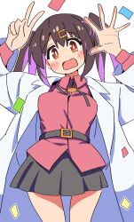 Rule 34 | 1girl, belt, black hair, black skirt, blush stickers, bolo tie, breasts, brown eyes, coat, commentary, confetti, finger counting, hair between eyes, hair ornament, hairclip, highres, lab coat, long hair, long sleeves, looking at viewer, medium breasts, miniskirt, noyama takenoko, onii-chan wa oshimai!, open clothes, open coat, open mouth, oyama mihari, purple hair, red shirt, shirt, simple background, skirt, solo, twintails, untucked shirt, white background, wing collar