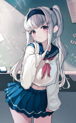 Rule 34 | 1girl, absurdres, ahr tato, black hairband, blue sailor collar, blue skirt, blush, chalkboard, closed mouth, commentary, cowboy shot, frown, hair ornament, hairband, hand up, highres, huge filesize, indoors, leaning forward, long hair, long sleeves, looking at viewer, midriff, miniskirt, navel, original, pleated skirt, puffy long sleeves, puffy sleeves, red eyes, red neckwear, sailor collar, school uniform, serafuku, shirt, silver hair, skirt, sleeves past wrists, solo, symbol-only commentary, translation request, white shirt