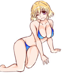 Rule 34 | 1girl, ;d, bare arms, bare legs, barefoot, bikini, blonde hair, blue bikini, breasts, cleavage, collarbone, engo (aquawatery), feet out of frame, groin, hair intakes, halterneck, large breasts, looking at viewer, lyrical nanoha, mahou shoujo lyrical nanoha strikers, medium hair, navel, one eye closed, open mouth, purple eyes, shamal, simple background, sketch, smile, solo, swimsuit, white background