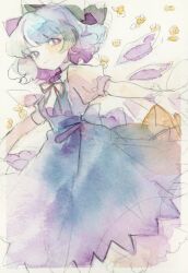Rule 34 | 1girl, blue dress, blue eyes, blue hair, border, bow, bright pupils, cirno, closed mouth, curly hair, dress, flower, green bow, hair bow, looking at viewer, multicolored hair, neck ribbon, open hands, outstretched arms, painting (medium), puffy short sleeves, puffy sleeves, purple dress, purple hair, red ribbon, ribbon, ryokotyu, shirt, short hair, short sleeves, sketch, smile, solo, touhou, traditional media, two-tone dress, watercolor (medium), white background, white hair, white pupils, white shirt, yellow flower