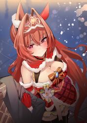 Rule 34 | 1boy, 1girl, animal ears, bare shoulders, black thighhighs, blush, breasts, capelet, christmas, cleavage, closed mouth, daiwa scarlet (scarlet nuit etoile) (umamusume), daiwa scarlet (umamusume), dress, ear covers, ear ornament, fur-trimmed capelet, fur-trimmed dress, fur trim, gloves, hair between eyes, hair down, hair intakes, highres, holding another&#039;s arm, horse ears, horse girl, jewelry, large breasts, long hair, looking at viewer, necklace, official alternate costume, official alternate hairstyle, pink eyes, red eyes, red gloves, red hair, single ear cover, smile, snow, solo focus, solokitsune, thighhighs, tiara, trainer (umamusume), umamusume, very long hair