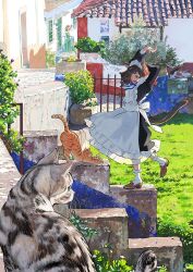 Rule 34 | 1girl, animal, animal ears, apron, bush, cat, cat ears, cat girl, cat tail, day, door, frilled apron, frills, grass, highres, house, maid, maid apron, maid headdress, original, outdoors, puffy sleeves, road, street, tail, tile roof, umishima senbon, whiskers, white apron, window